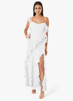Flowy Sheath Sweetheart Ruffle Cold Shoulder Open Back Floor Length For Ladies Prom Dress