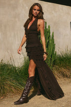 Flowy A-Line Deep V Neck Sleeveless Ruffles Floor-Length Prom Dress