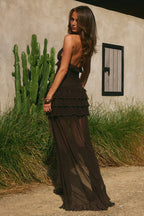 Flowy A-Line Deep V Neck Sleeveless Ruffles Floor-Length Prom Dress