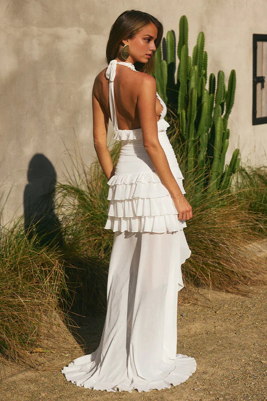Flowy A-Line Deep V Neck Sleeveless Ruffles Floor-Length Prom Dress