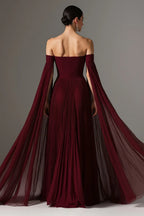 Flowy A-Line Off the Shoulder Flutter Sleeve Pleated Floor-Length Prom Dress