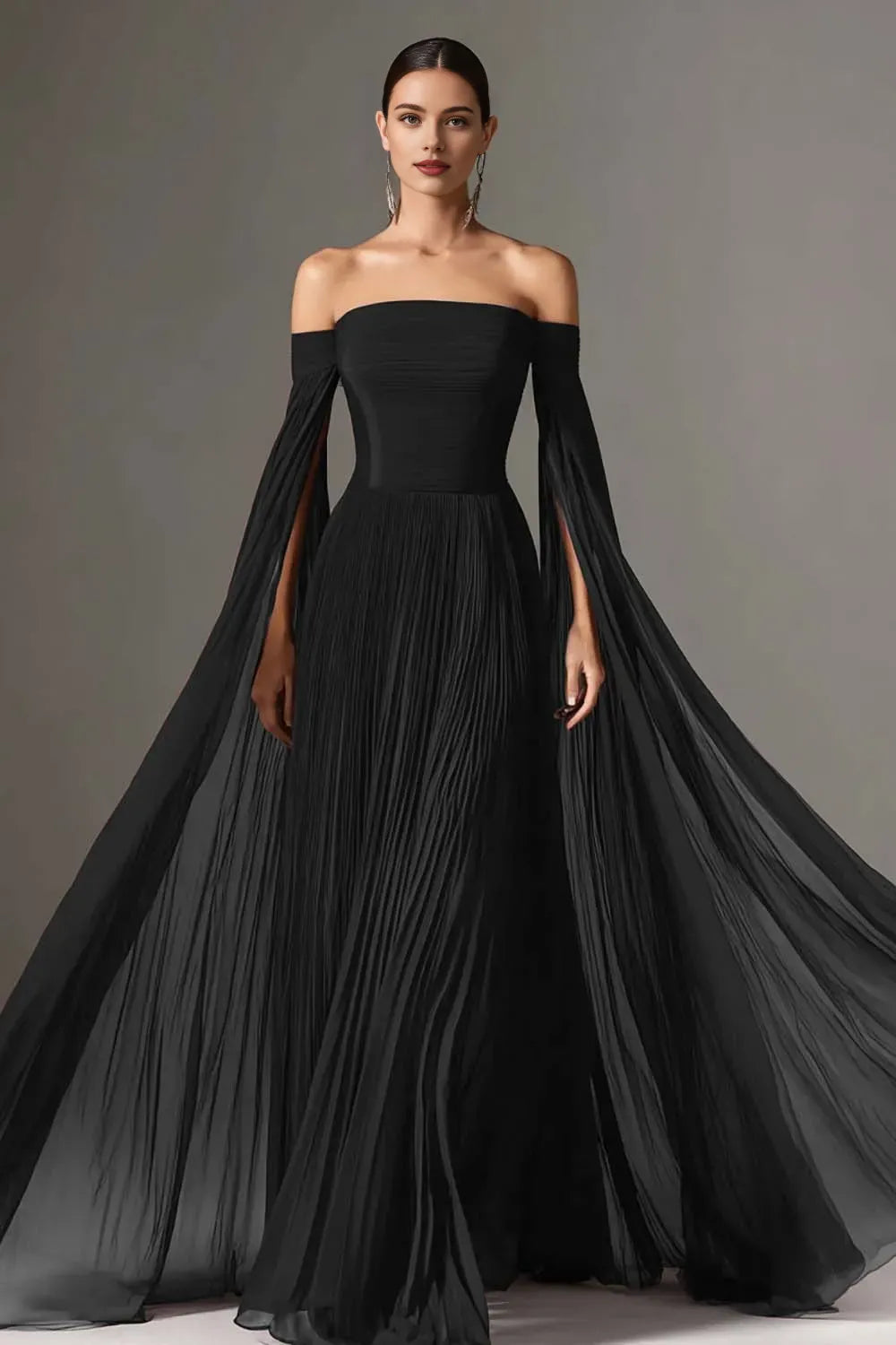 Flowy A-Line Off the Shoulder Flutter Sleeve Pleated Floor-Length Prom Dress