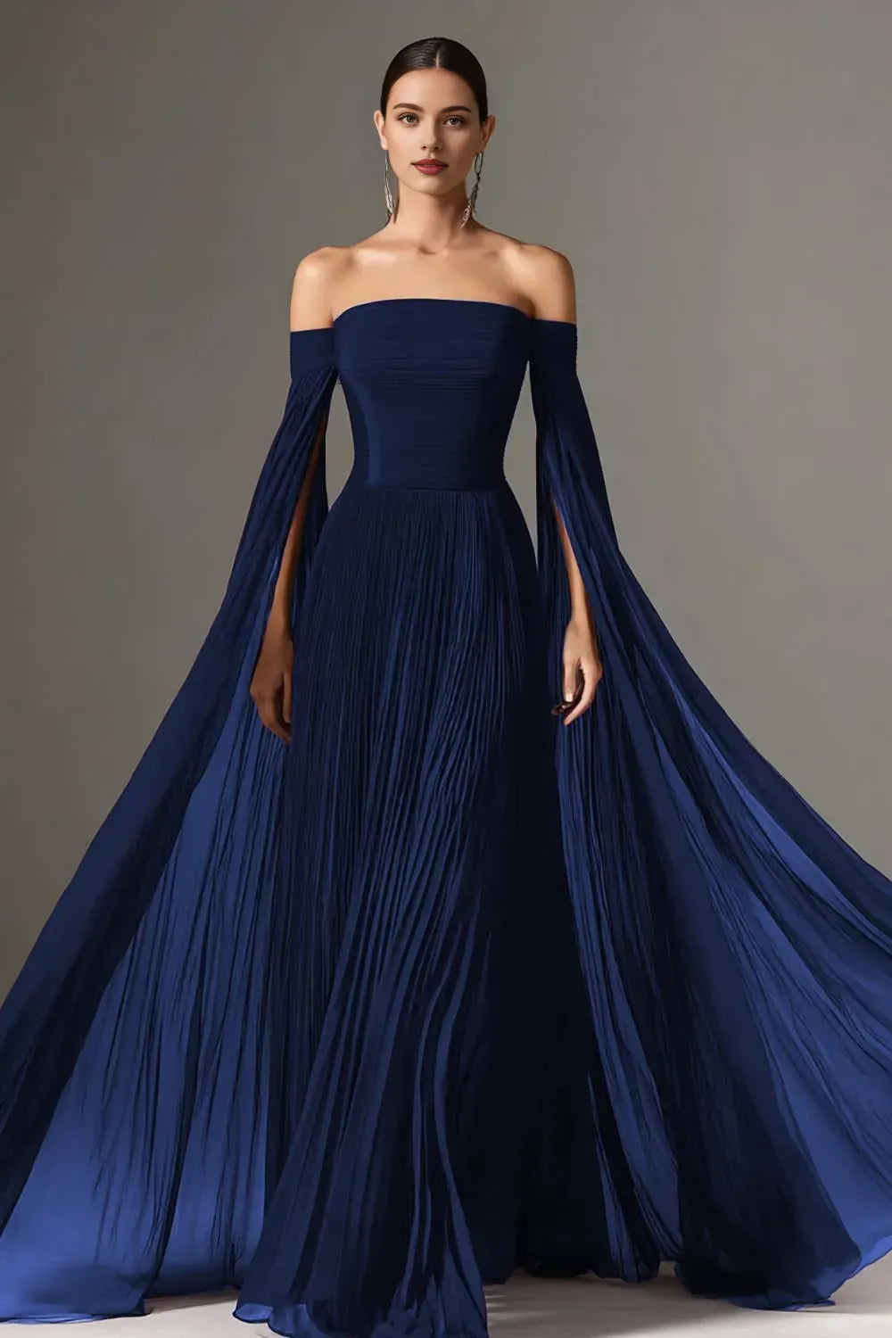 Flowy A-Line Off the Shoulder Flutter Sleeve Pleated Floor-Length Prom Dress