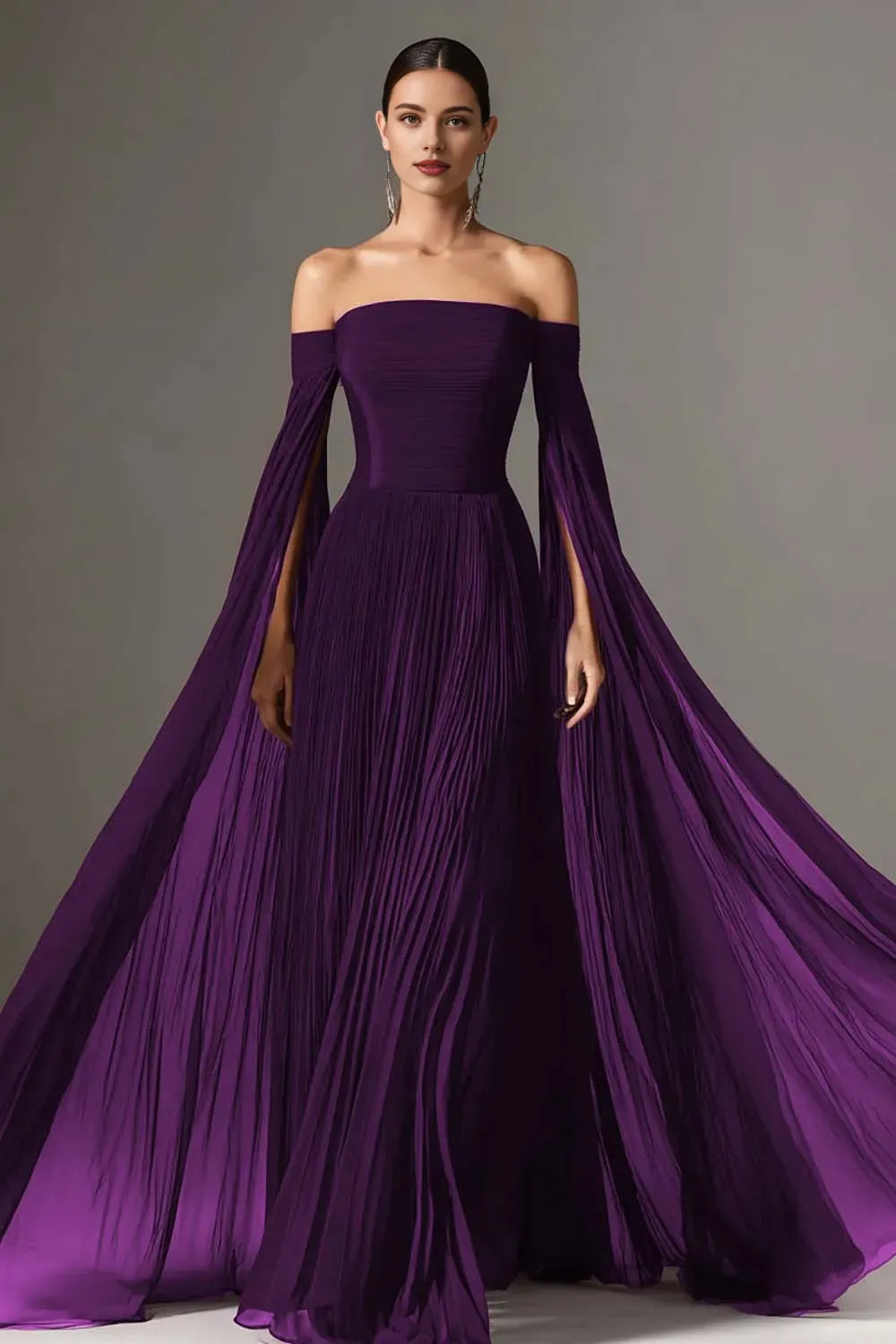 Flowy A-Line Off the Shoulder Flutter Sleeve Pleated Floor-Length Prom Dress