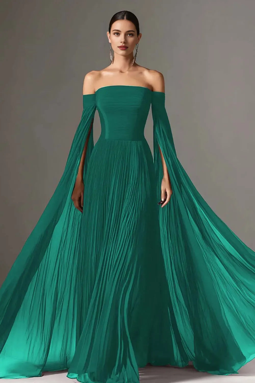 Flowy A-Line Off the Shoulder Flutter Sleeve Pleated Floor-Length Prom Dress