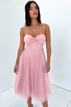 Flowy A-Line Spaghetti Straps Sleeveless Pleated Tea-Length Prom Dress