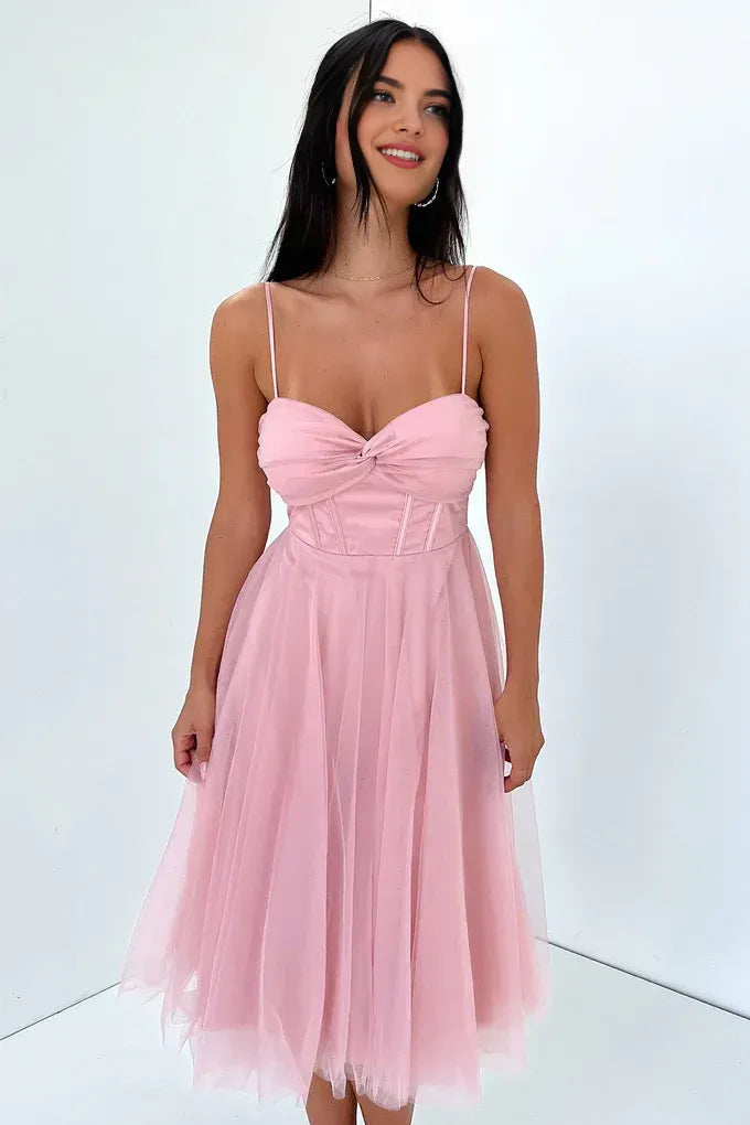 Flowy A-Line Spaghetti Straps Sleeveless Pleated Tea-Length Prom Dress