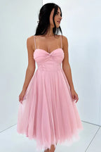 Flowy A-Line Spaghetti Straps Sleeveless Pleated Tea-Length Prom Dress