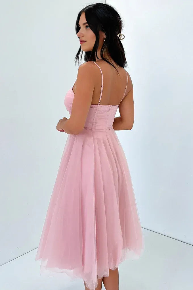 Flowy A-Line Spaghetti Straps Sleeveless Pleated Tea-Length Prom Dress
