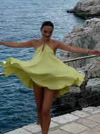 Green Flowy A-line Halter Neck Tie Back Wrap Waist Lime Mini Homecoming Dress