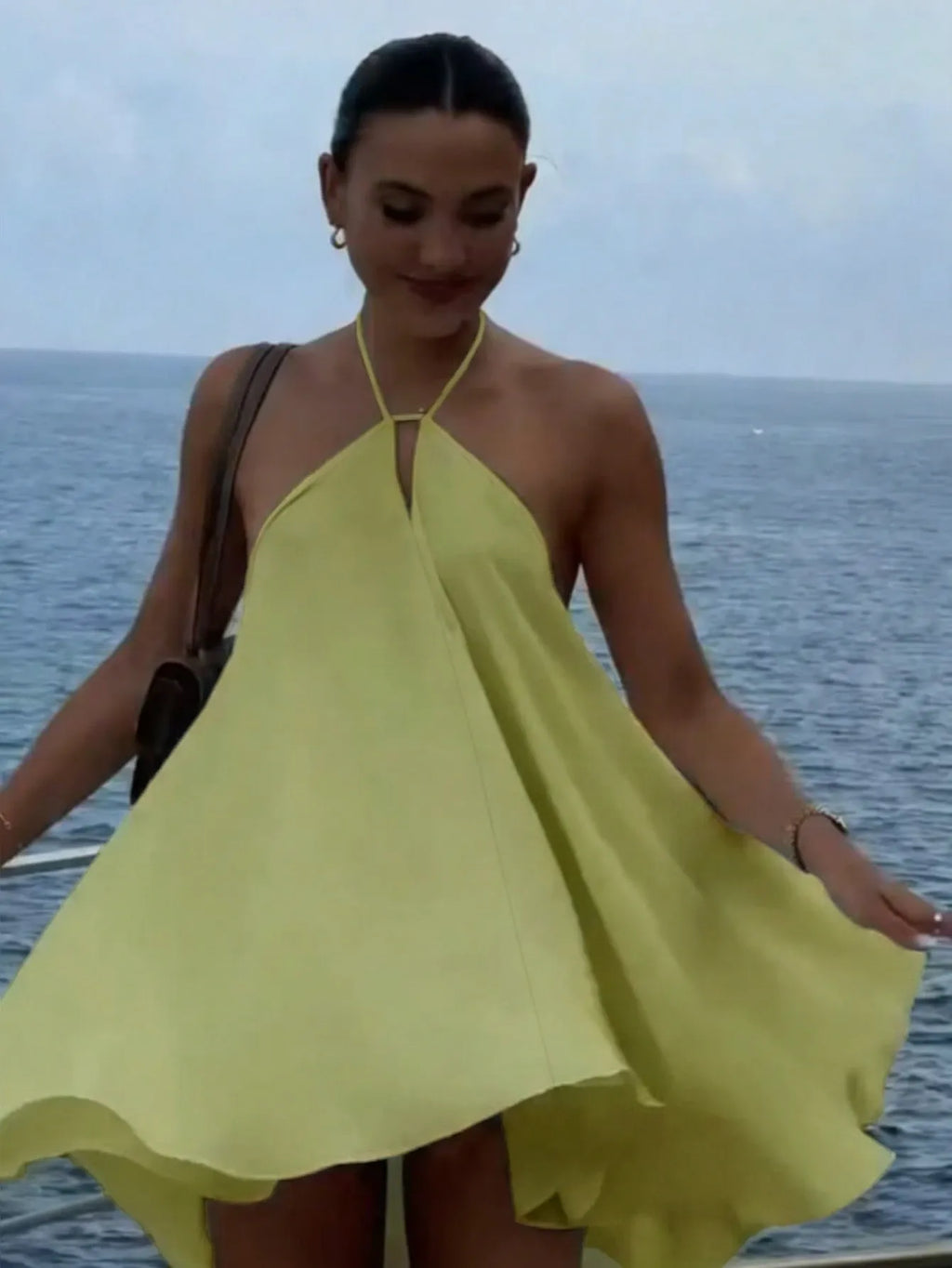 Green Flowy A-line Halter Neck Tie Back Wrap Waist Lime Mini Homecoming Dress
