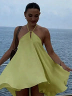 Green Flowy A-line Halter Neck Tie Back Wrap Waist Lime Mini Homecoming Dress