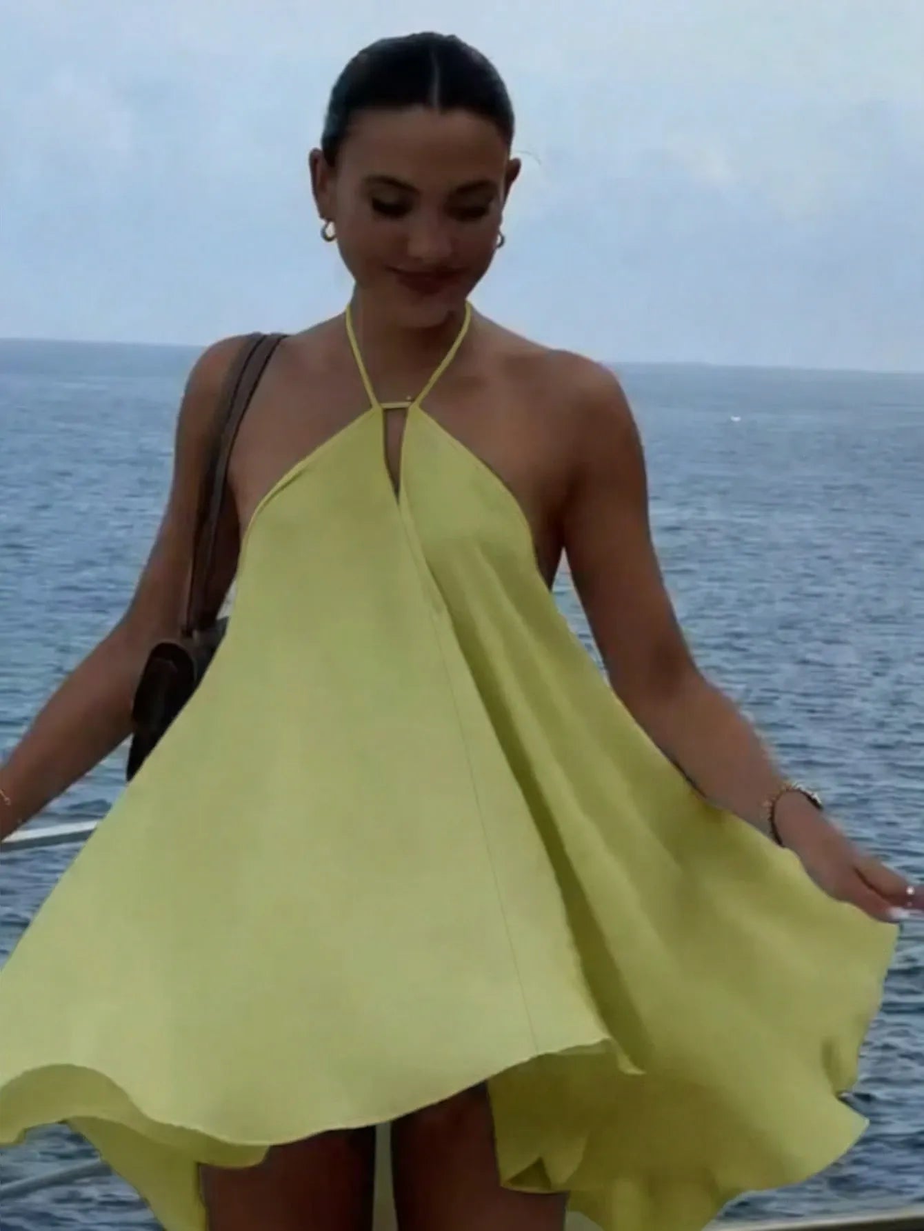 Green Flowy A-line Halter Neck Tie Back Wrap Waist Lime Mini Homecoming Dress