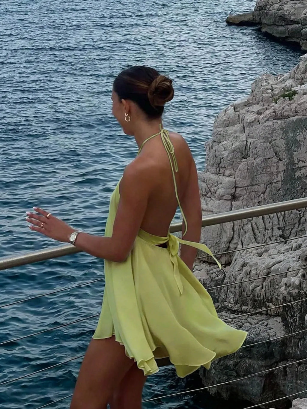 Green Flowy A-line Halter Neck Tie Back Wrap Waist Lime Mini Homecoming Dress