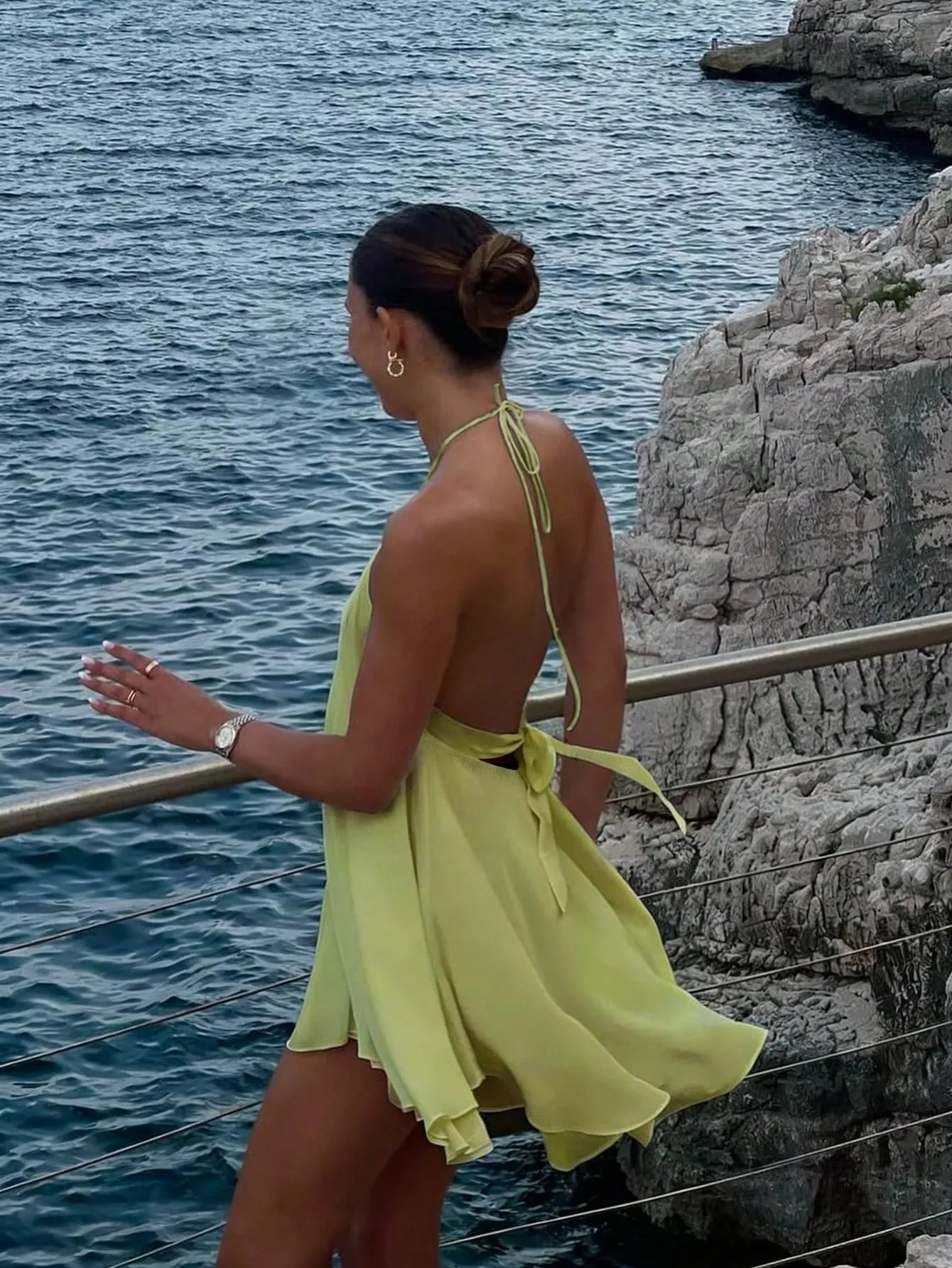Green Flowy A-line Halter Neck Tie Back Wrap Waist Lime Mini Homecoming Dress