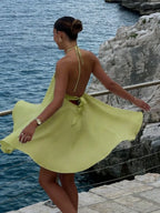 Green Flowy A-line Halter Neck Tie Back Wrap Waist Lime Mini Homecoming Dress