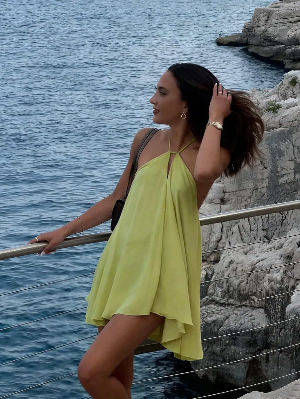 Green Flowy A-line Halter Neck Tie Back Wrap Waist Lime Mini Homecoming Dress