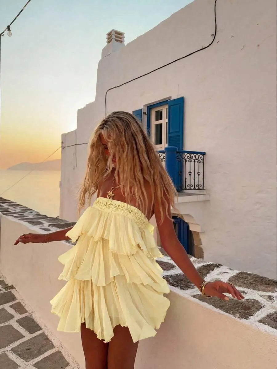 Yellow Flowy A-line High Waist Trim Tie Ruffled Yellow Mini Homecoming Dress