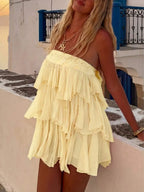 Yellow Flowy A-line High Waist Trim Tie Ruffled Yellow Mini Homecoming Dress