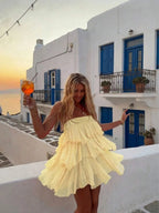 Yellow Flowy A-line High Waist Trim Tie Ruffled Yellow Mini Homecoming Dress