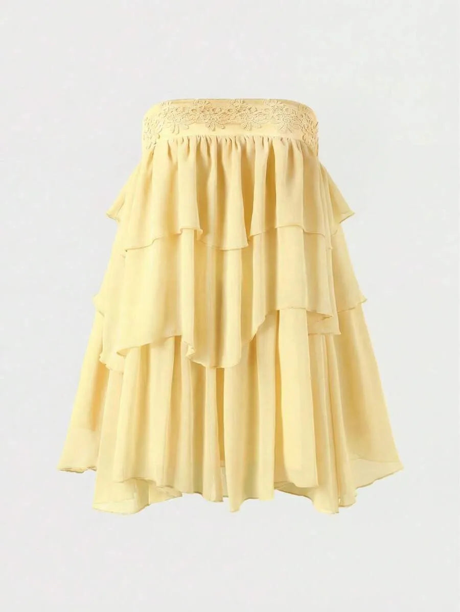 Yellow Flowy A-line High Waist Trim Tie Ruffled Yellow Mini Homecoming Dress