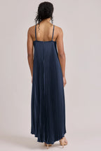 Flowy Halter Neck Navy Blue Pleated Satin Bridesmaid Dress with High-Low Hem & Adjustable Straps