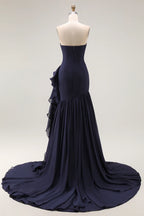 Flowy Mermaid/Trumpet Strapless Sleeveless Backless Sweep/Brush Train Prom Dress