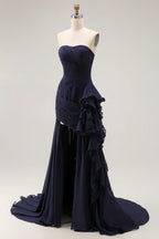 Flowy Mermaid/Trumpet Strapless Sleeveless Backless Sweep/Brush Train Prom Dress
