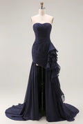 Flowy Mermaid/Trumpet Strapless Sleeveless Backless Sweep/Brush Train Prom Dress