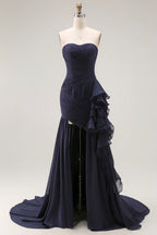 Flowy Mermaid/Trumpet Strapless Sleeveless Backless Sweep/Brush Train Prom Dress