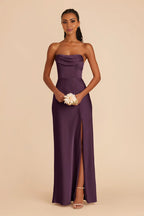Flowy Plum Off the Shoulder Sleeveless Satin Maxi Bridesmaid Dress