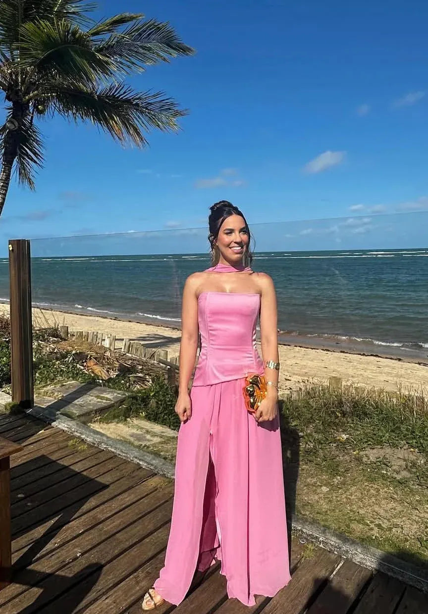 Flowy Strapless Sleeveless A-Line Split Floor-Length Prom Dress