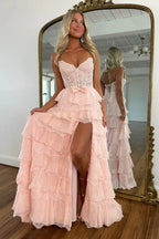 Flowy Sweetheart Sleeveless Empire A-Line Tiered Long Prom Dress