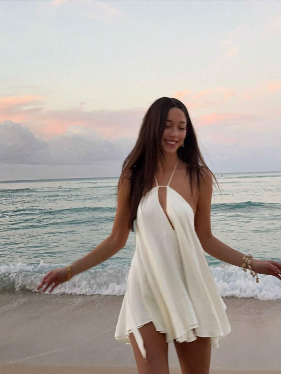 Ivory Flowy A-Line Halter Backless Cutout Chic Mini Homecoming Dress Vacation Beach