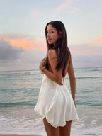Ivory Flowy A-Line Halter Backless Cutout Chic Mini Homecoming Dress Vacation Beach