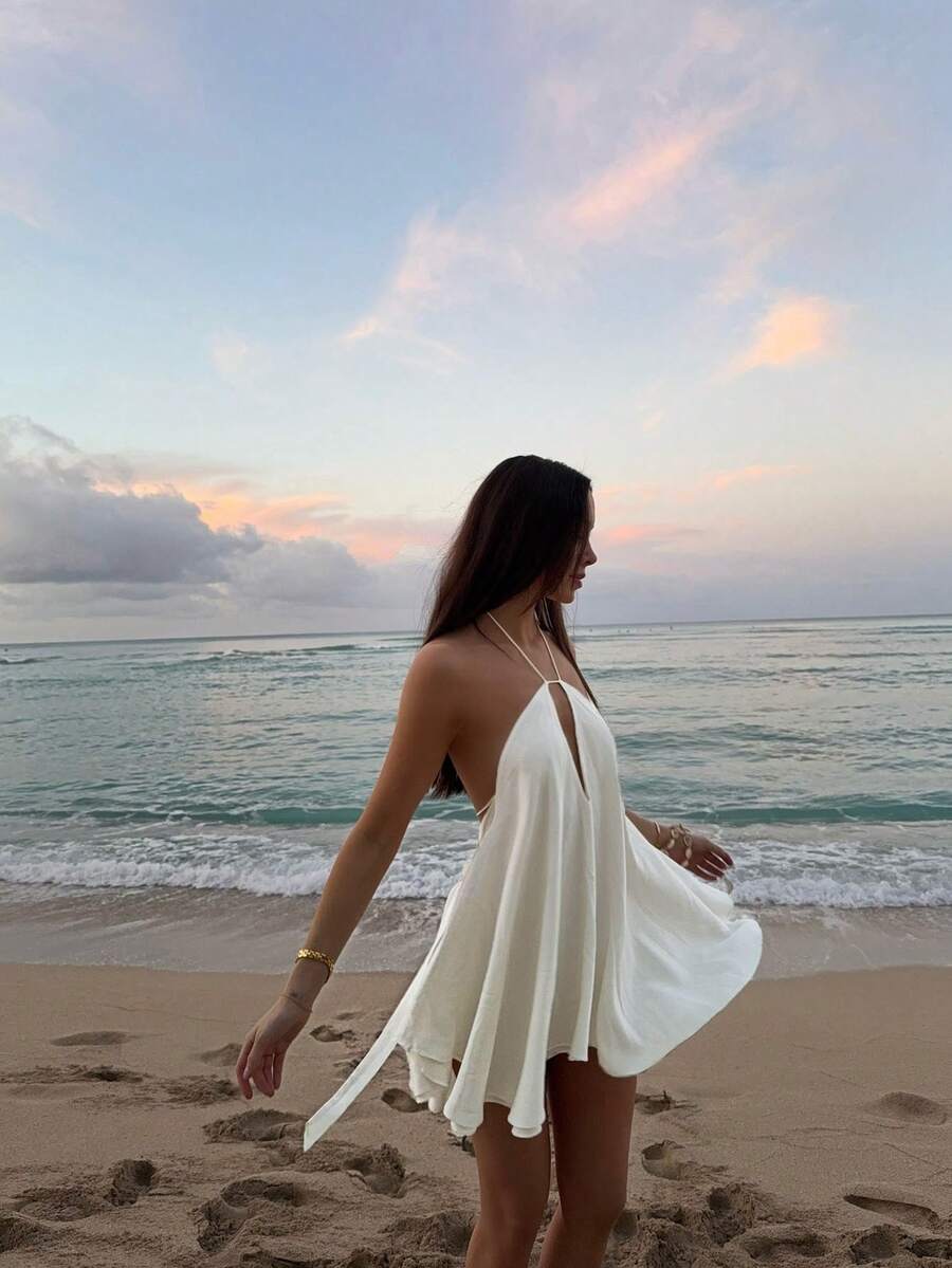 Ivory Flowy A-Line Halter Backless Cutout Chic Mini Homecoming Dress Vacation Beach