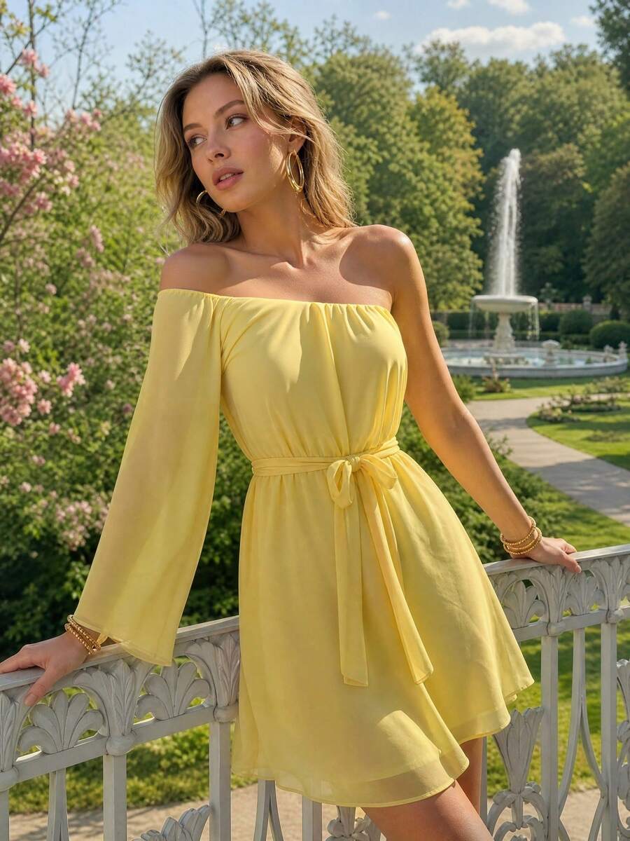 Yellow Flowy A-Line Off-Shoulder One-Sleeve Ruffled Belted Mini Homecoming Dresses