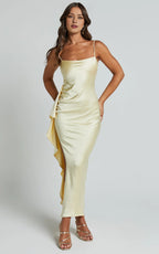 Frill Detail Square Neck Ankle-Length Dress Lemon Sheath Solid Color Spaghetti Straps Backless Evening Dress