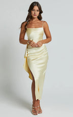 Frill Detail Square Neck Ankle-Length Dress Lemon Sheath Solid Color Spaghetti Straps Backless Evening Dress