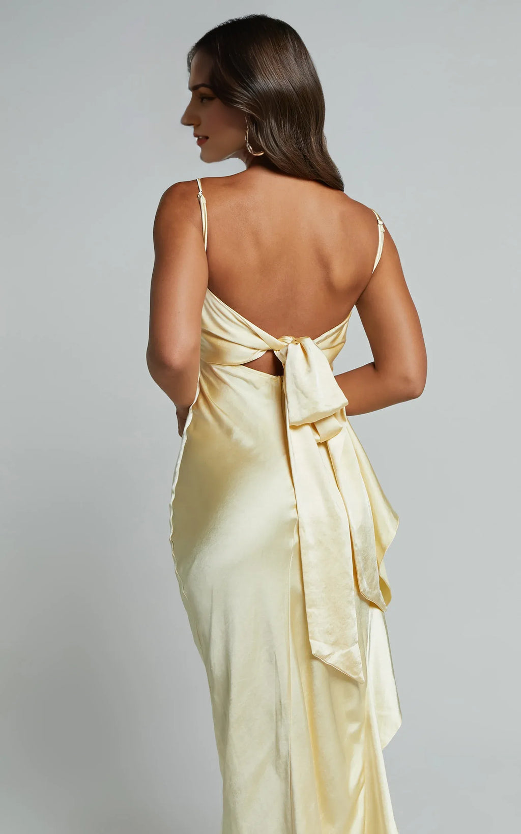 Frill Detail Square Neck Ankle-Length Dress Lemon Sheath Solid Color Spaghetti Straps Backless Evening Dress