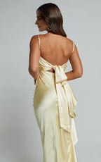 Frill Detail Square Neck Ankle-Length Dress Lemon Sheath Solid Color Spaghetti Straps Backless Evening Dress