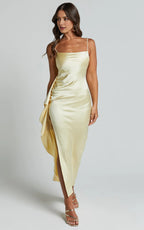 Frill Detail Square Neck Ankle-Length Dress Lemon Sheath Solid Color Spaghetti Straps Backless Evening Dress
