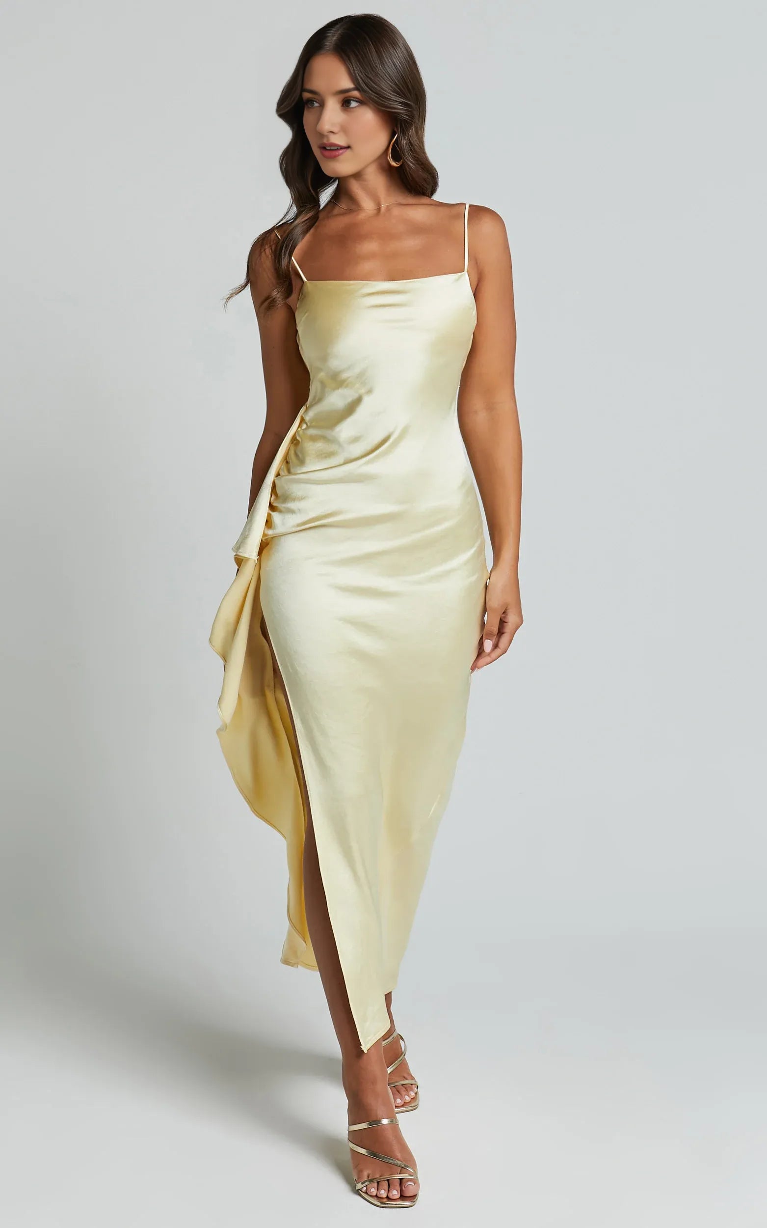 Frill Detail Square Neck Ankle-Length Dress Lemon Sheath Solid Color Spaghetti Straps Backless Evening Dress