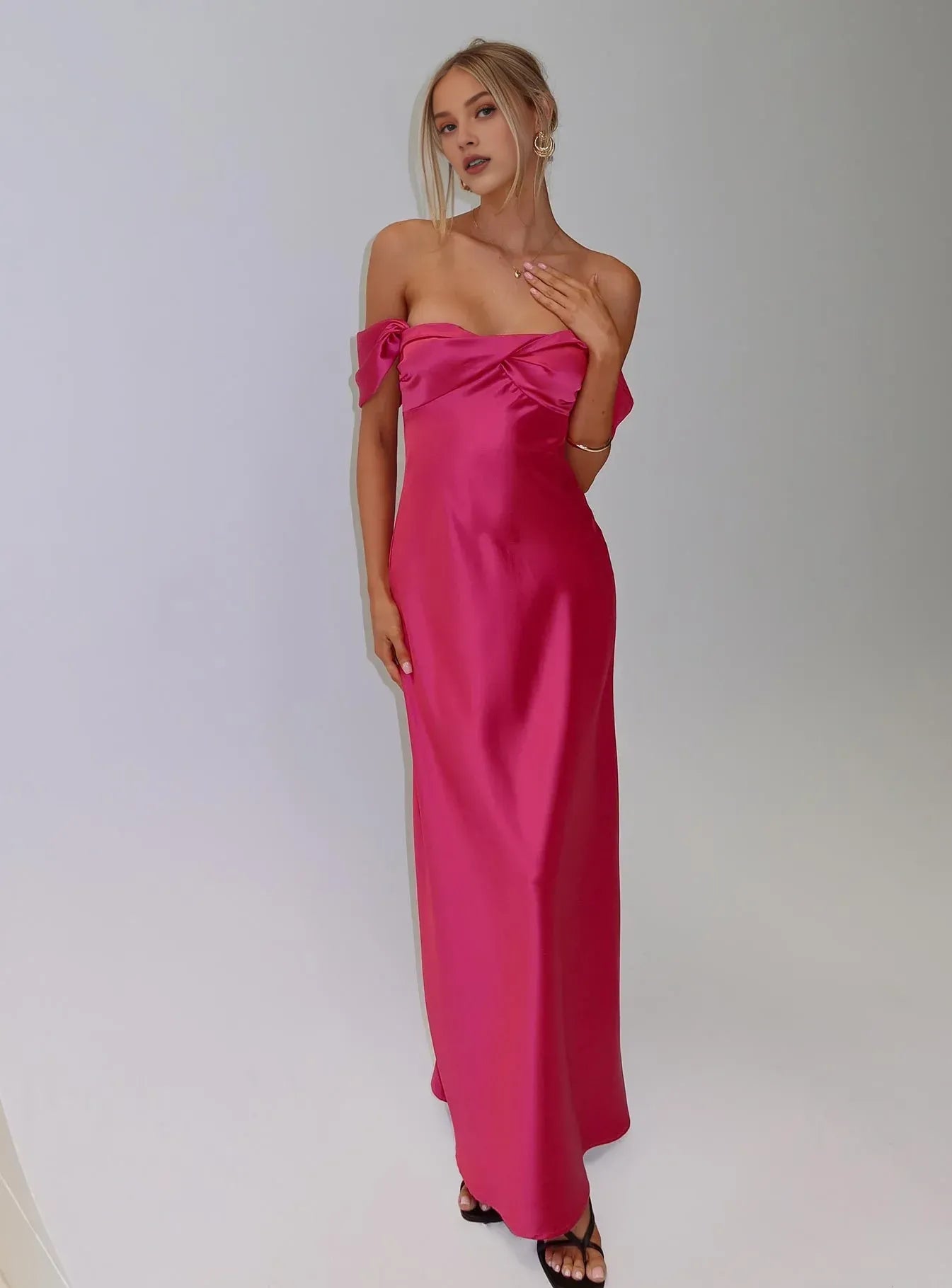 Fuchsia Off - Shoulder Maxi Dress Column Backless Solid Color Prom Dresses