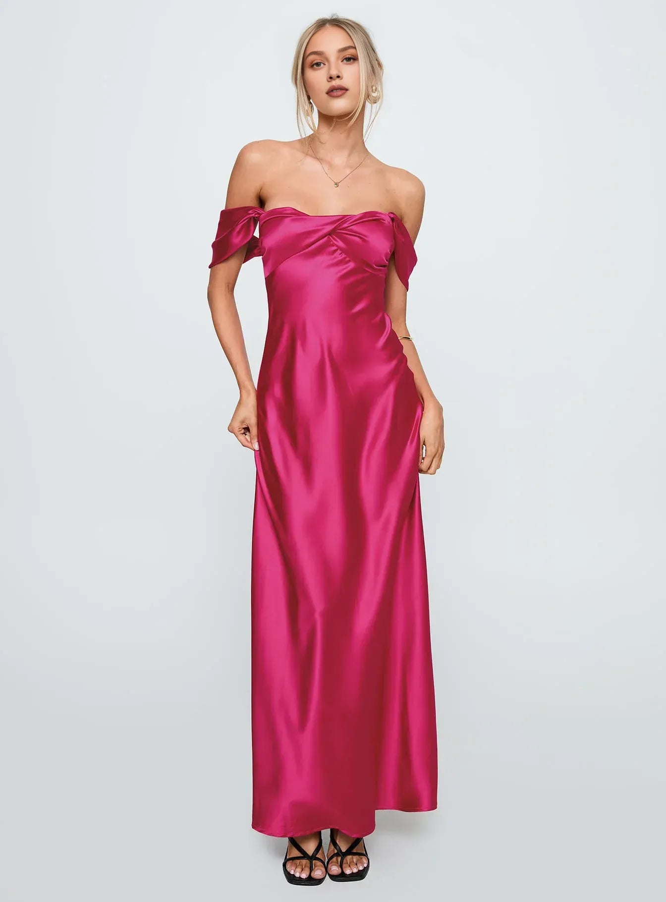 Fuchsia Off - Shoulder Maxi Dress Column Backless Solid Color Prom Dresses