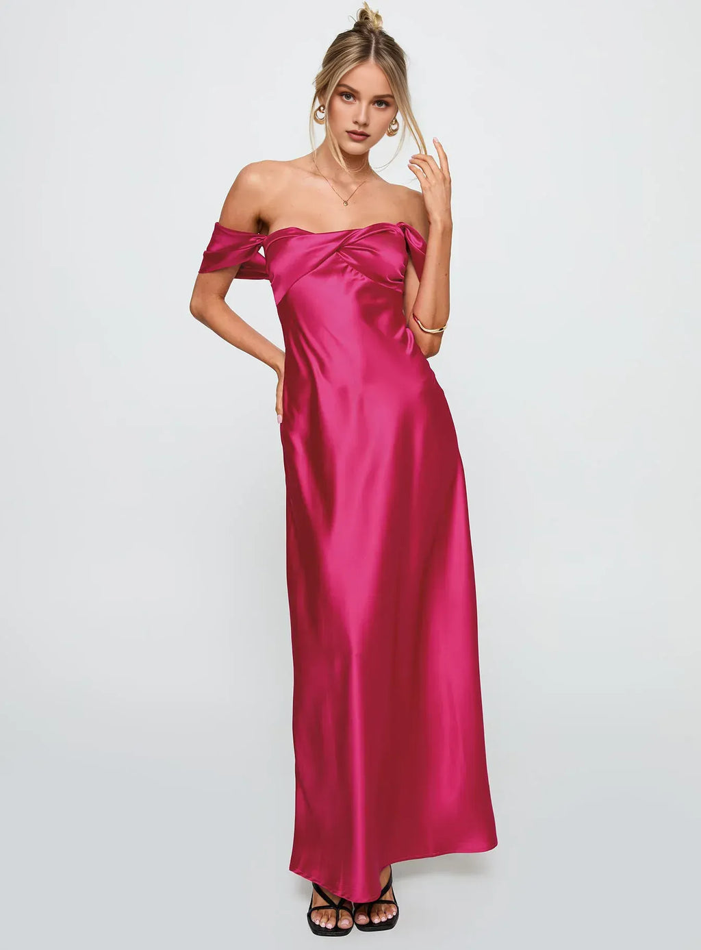 Fuchsia Off - Shoulder Maxi Dress Column Backless Solid Color Prom Dresses