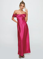 Fuchsia Off - Shoulder Maxi Dress Column Backless Solid Color Prom Dresses