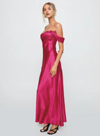Fuchsia Off - Shoulder Maxi Dress Column Backless Solid Color Prom Dresses