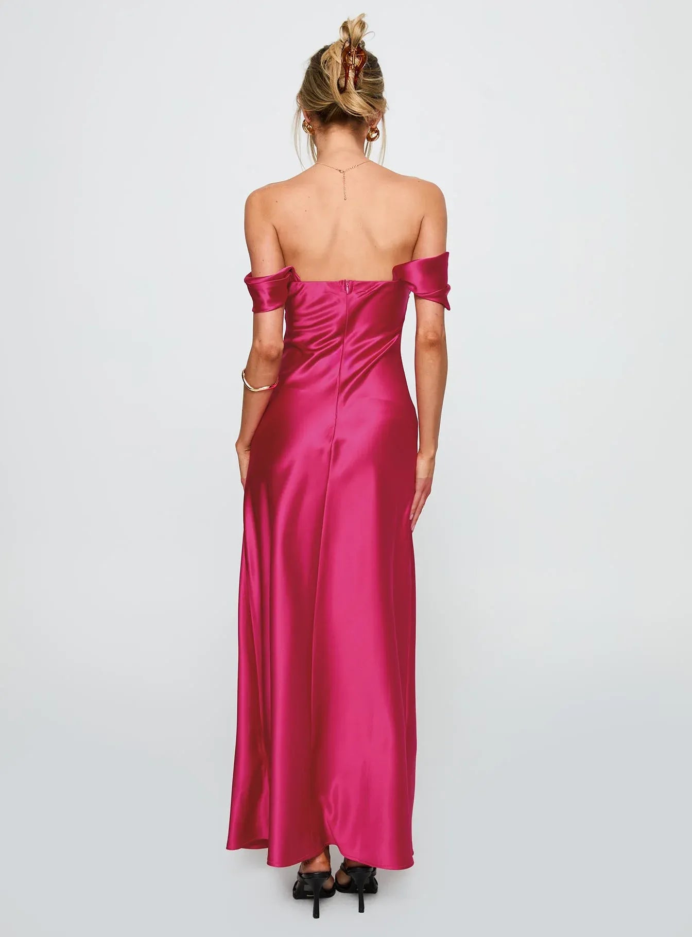 Fuchsia Off - Shoulder Maxi Dress Column Backless Solid Color Prom Dresses