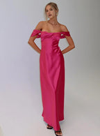 Fuchsia Off - Shoulder Maxi Dress Column Backless Solid Color Prom Dresses